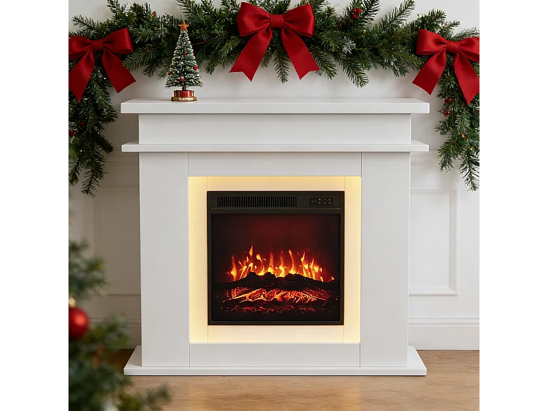 Chimenea eléctrica - Chimenea LED, con calefacción - Efecto de llama 3D - Temporizador, iluminación ambiental LED de 20 colores y control remoto - Blanco