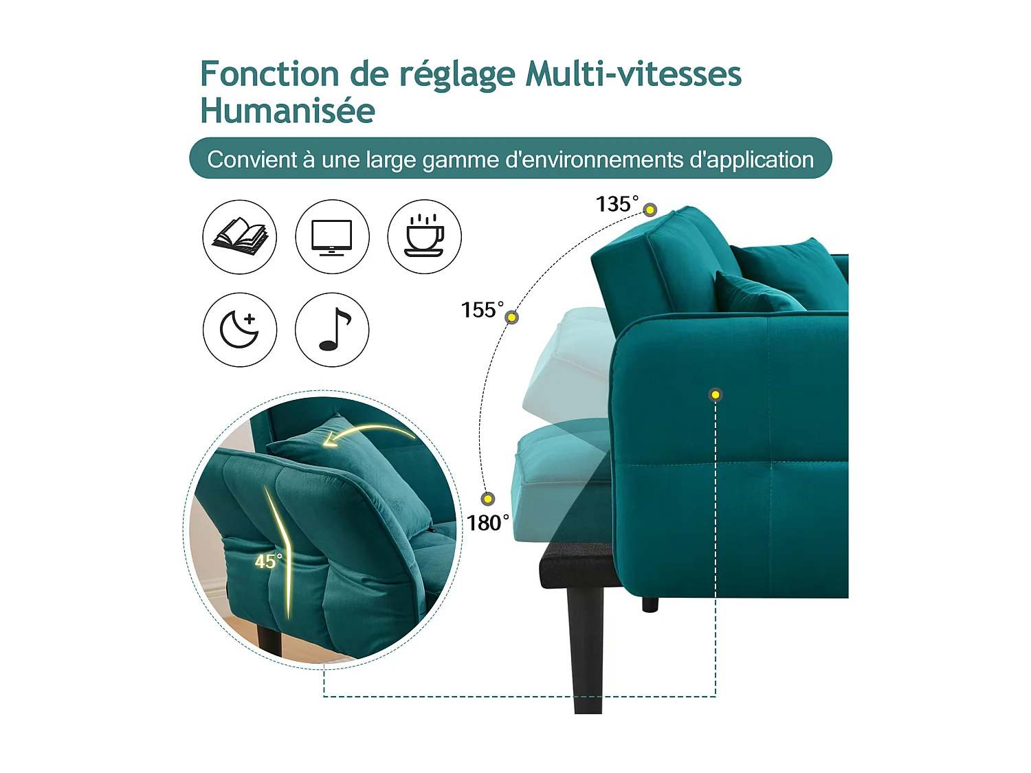 Canapé-lit 2 en 1 réglable - Dossier réglable - Pieds de canapé en bois et coussins inclus - Velours - 176 x 78 x 76 cm - vert