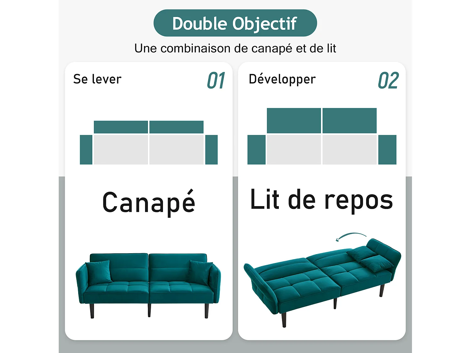 Canapé-lit 2 en 1 réglable - Dossier réglable - Pieds de canapé en bois et coussins inclus - Velours - 176 x 78 x 76 cm - vert