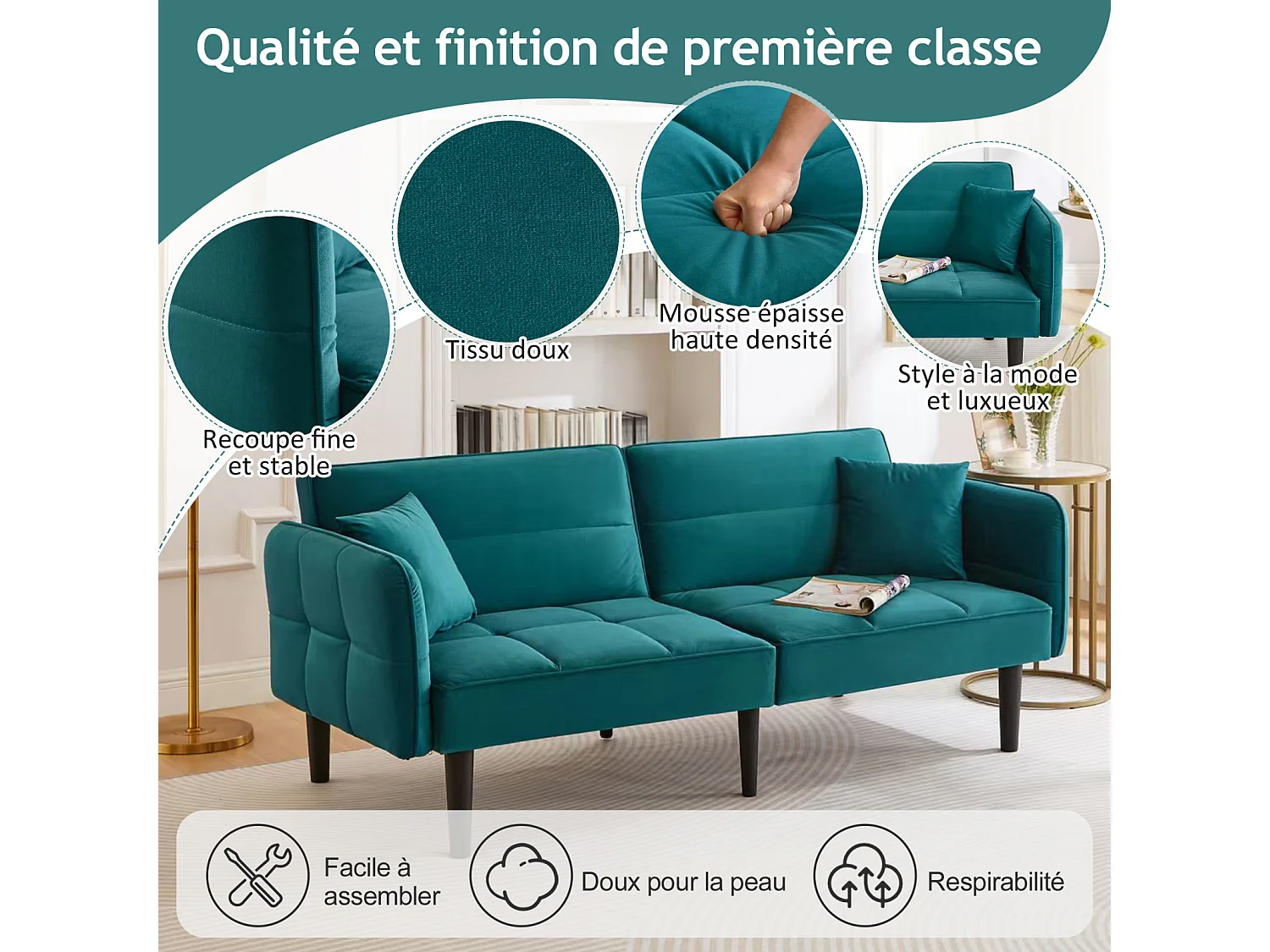 Canapé-lit 2 en 1 réglable - Dossier réglable - Pieds de canapé en bois et coussins inclus - Velours - 176 x 78 x 76 cm - vert