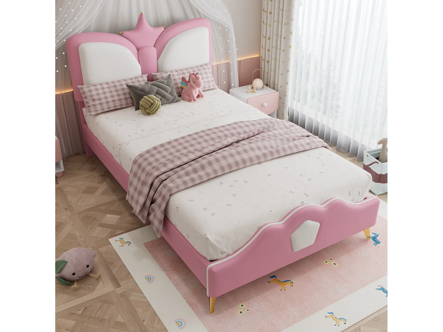 Lit simple 90x200cm - Lit enfant, tête de lit en forme de couronne - sommier à lattes - PU - rose