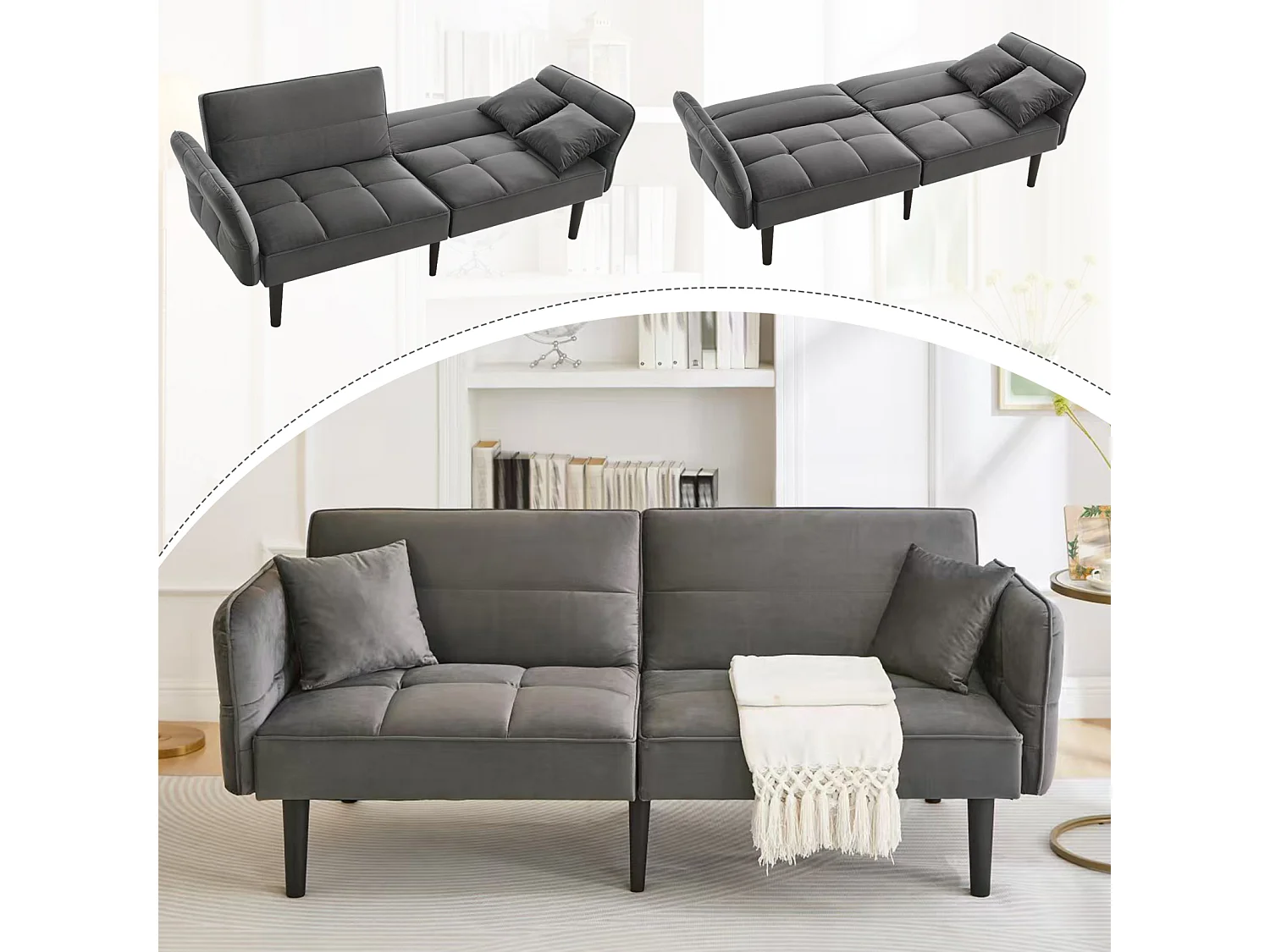 Canapé-lit 2 en 1 réglable - Dossier réglable - Pieds de canapé en bois et coussins inclus - Velours - 176 x 78 x 76 cm - gris