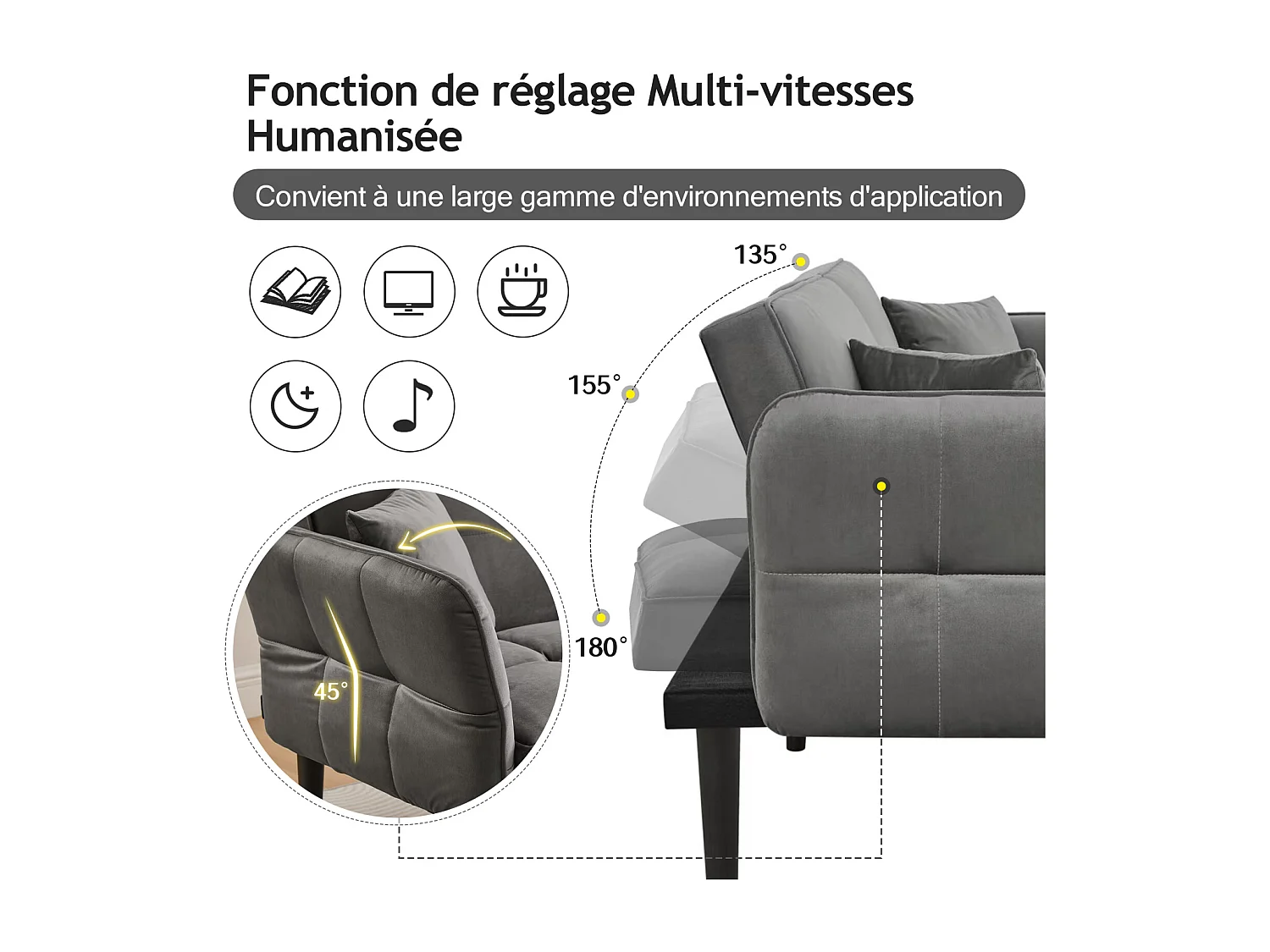 Canapé-lit 2 en 1 réglable - Dossier réglable - Pieds de canapé en bois et coussins inclus - Velours - 176 x 78 x 76 cm - gris