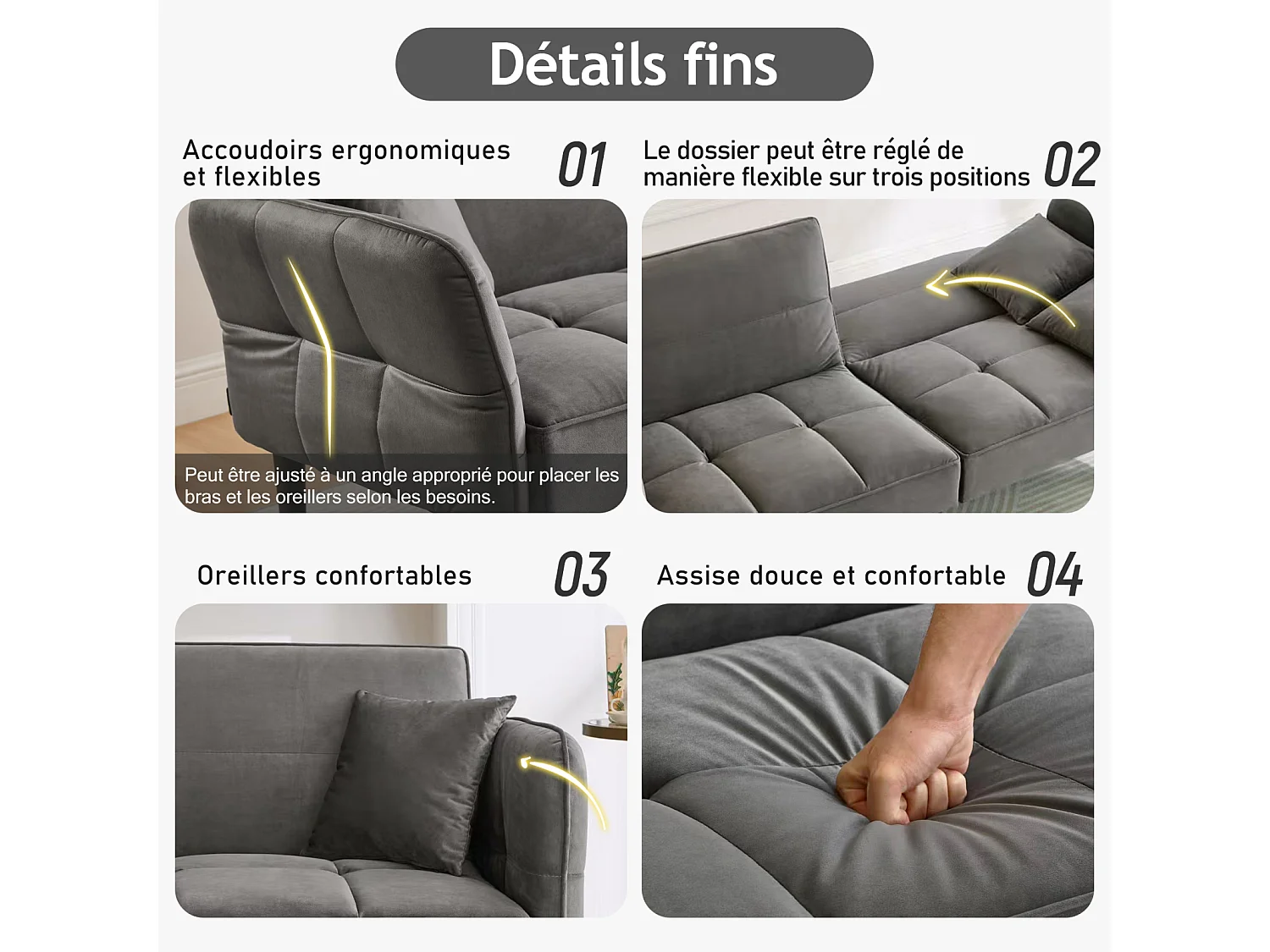 Canapé-lit 2 en 1 réglable - Dossier réglable - Pieds de canapé en bois et coussins inclus - Velours - 176 x 78 x 76 cm - gris
