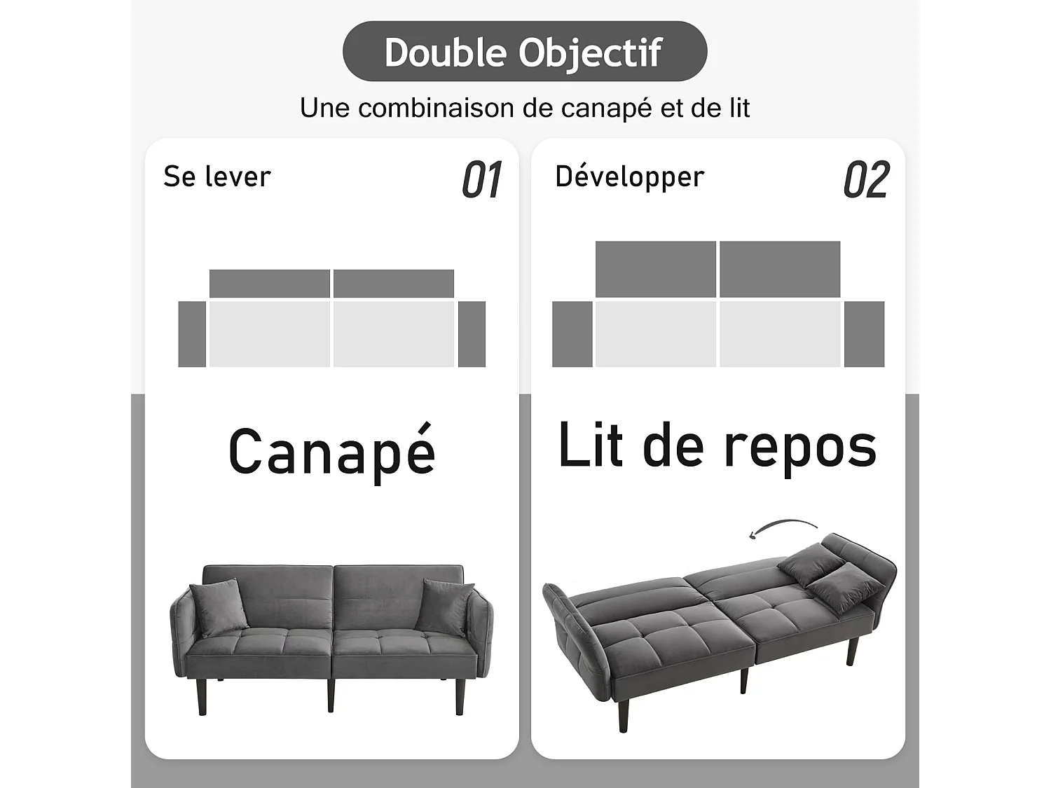 Canapé-lit 2 en 1 réglable - Dossier réglable - Pieds de canapé en bois et coussins inclus - Velours - 176 x 78 x 76 cm - gris