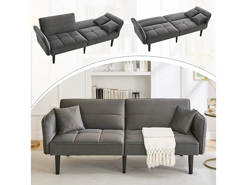 Canapé-lit 2 en 1 réglable - Dossier réglable - Pieds de canapé en bois et coussins inclus - Velours - 176 x 78 x 76 cm - gris