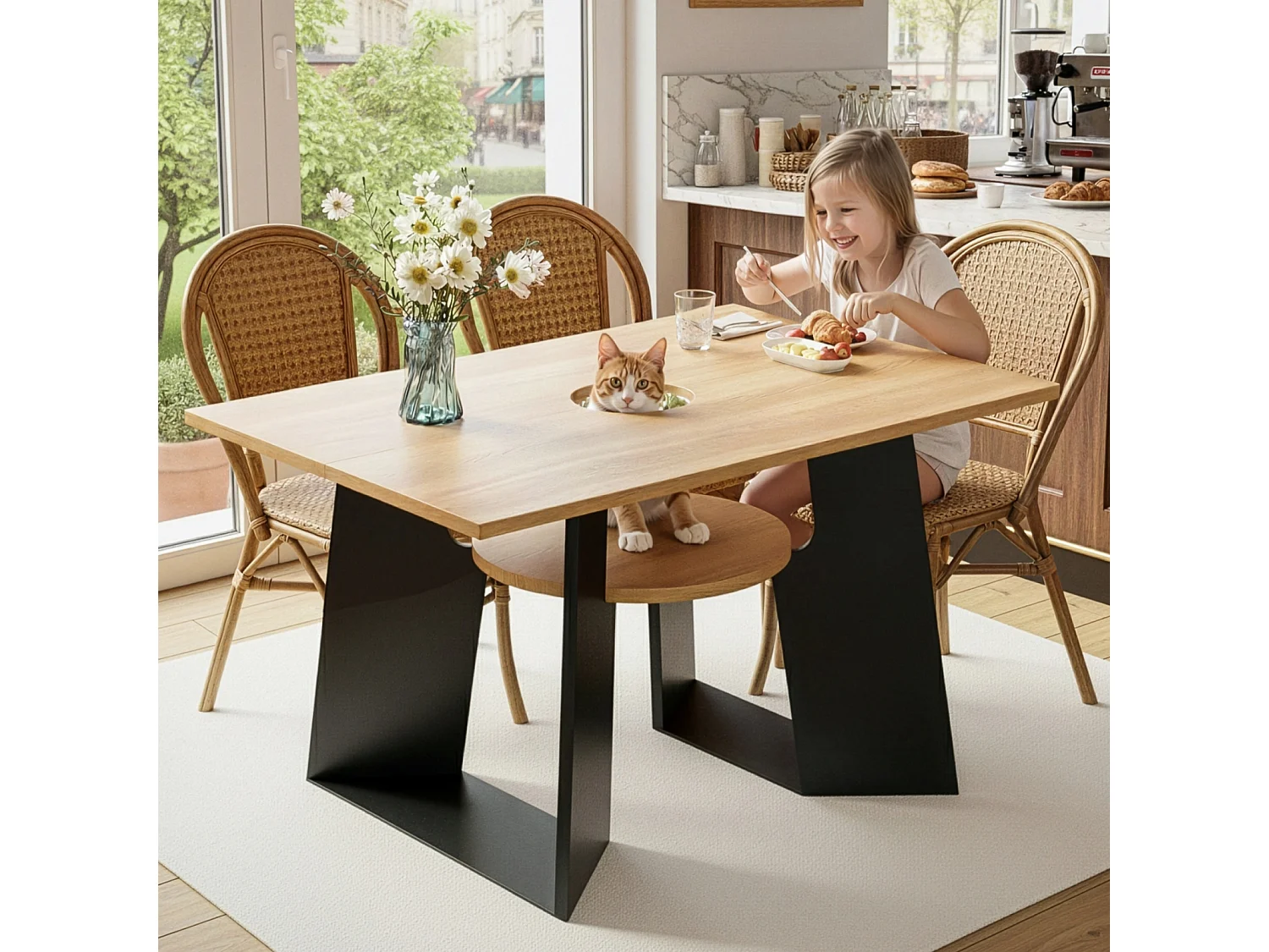 Table de salle à manger/cuisine - avec espace pour animaux et étagères - 6 places (130×85×75 cm)