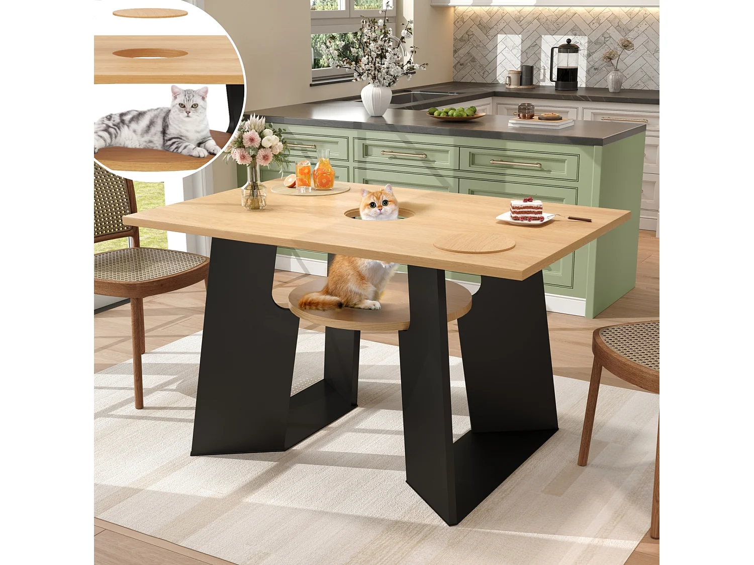 Table de salle à manger/cuisine - avec espace pour animaux et étagères - 6 places (130×85×75 cm)