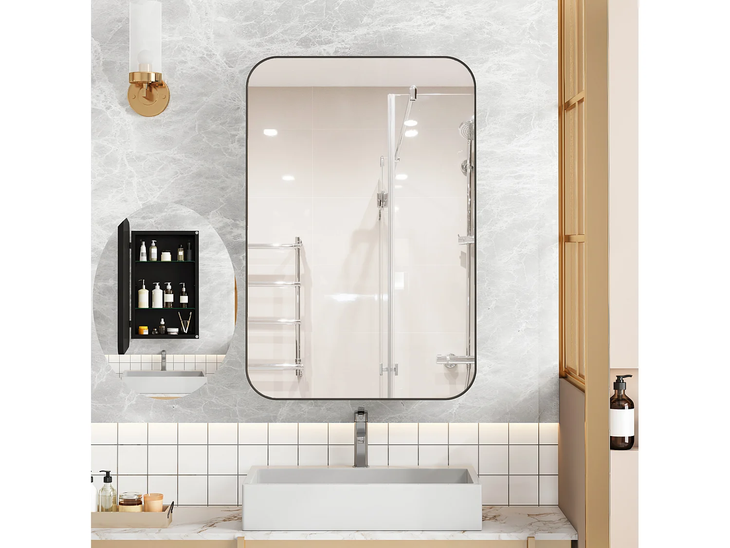 Miroir de salle de bain - armoire de rangement avec miroir - étagère réglable - 76 x 51 cm - noir