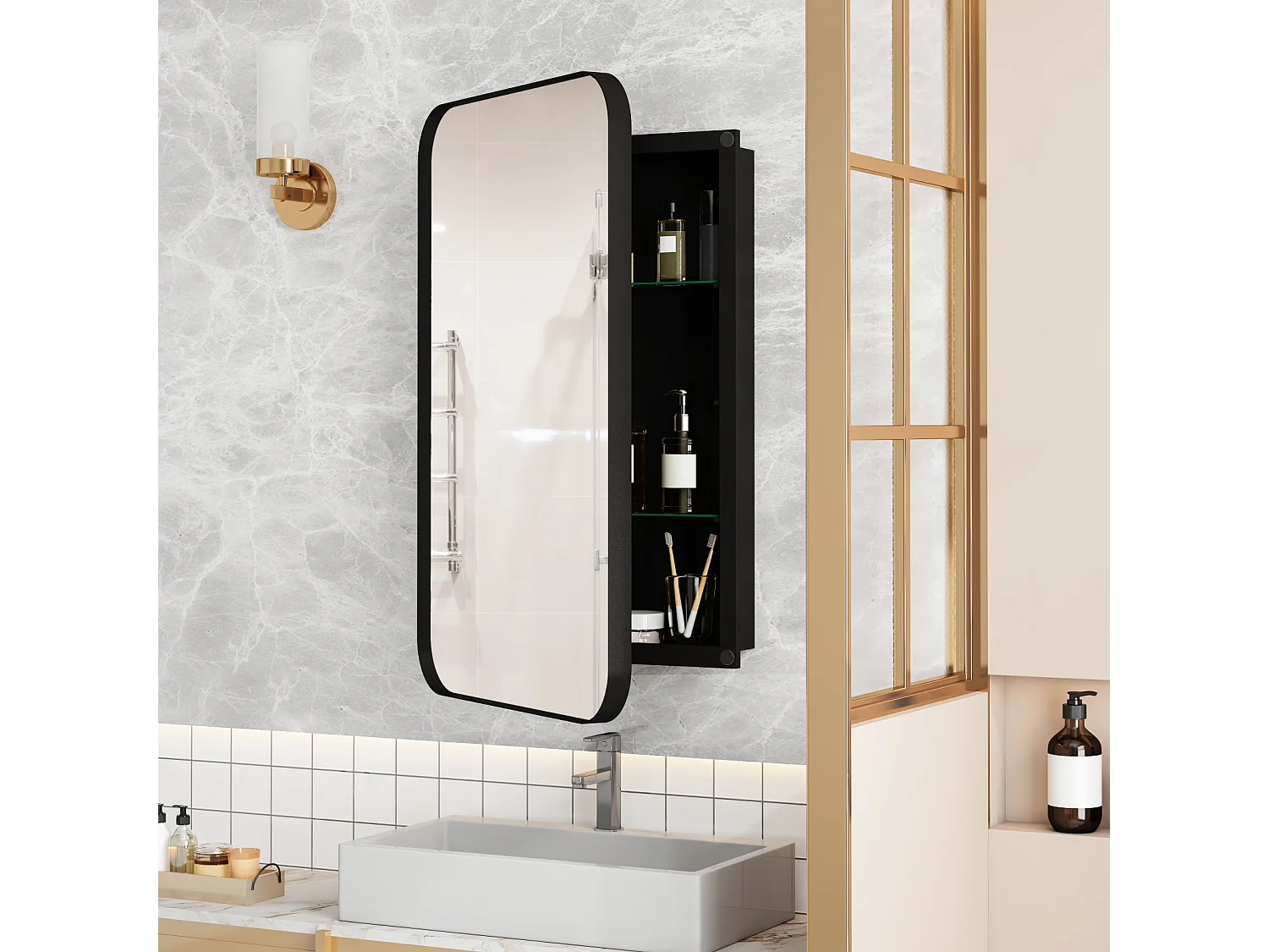 Miroir de salle de bain - armoire de rangement avec miroir - étagère réglable - 76 x 51 cm - noir