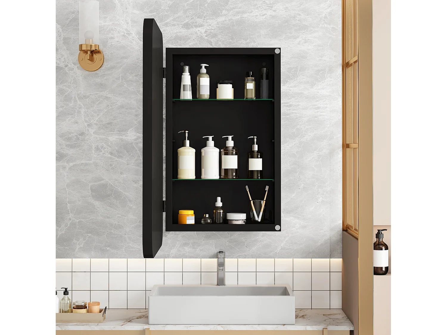 Miroir de salle de bain - armoire de rangement avec miroir - étagère réglable - 76 x 51 cm - noir