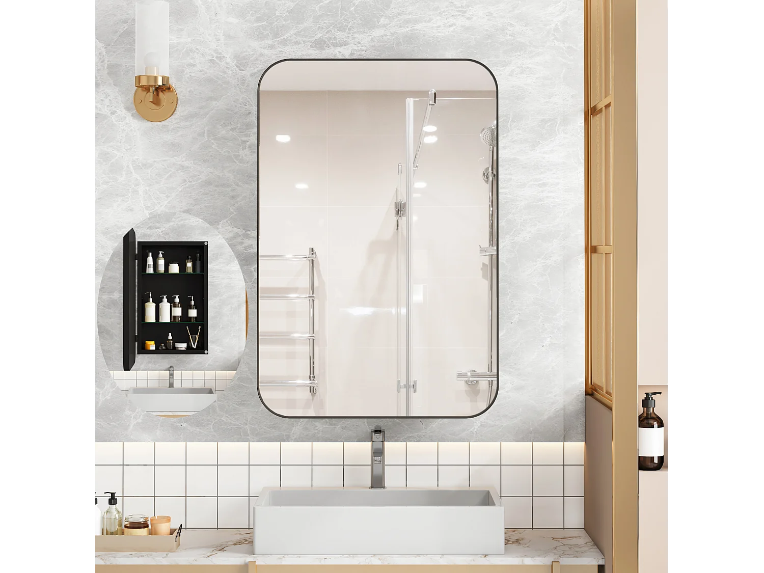 Miroir de salle de bain - armoire de rangement avec miroir - étagère réglable - 76 x 51 cm - noir