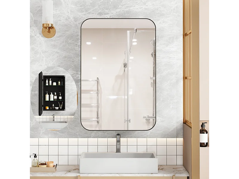 Miroir de salle de bain - armoire de rangement avec miroir - étagère réglable - 76 x 51 cm - noir