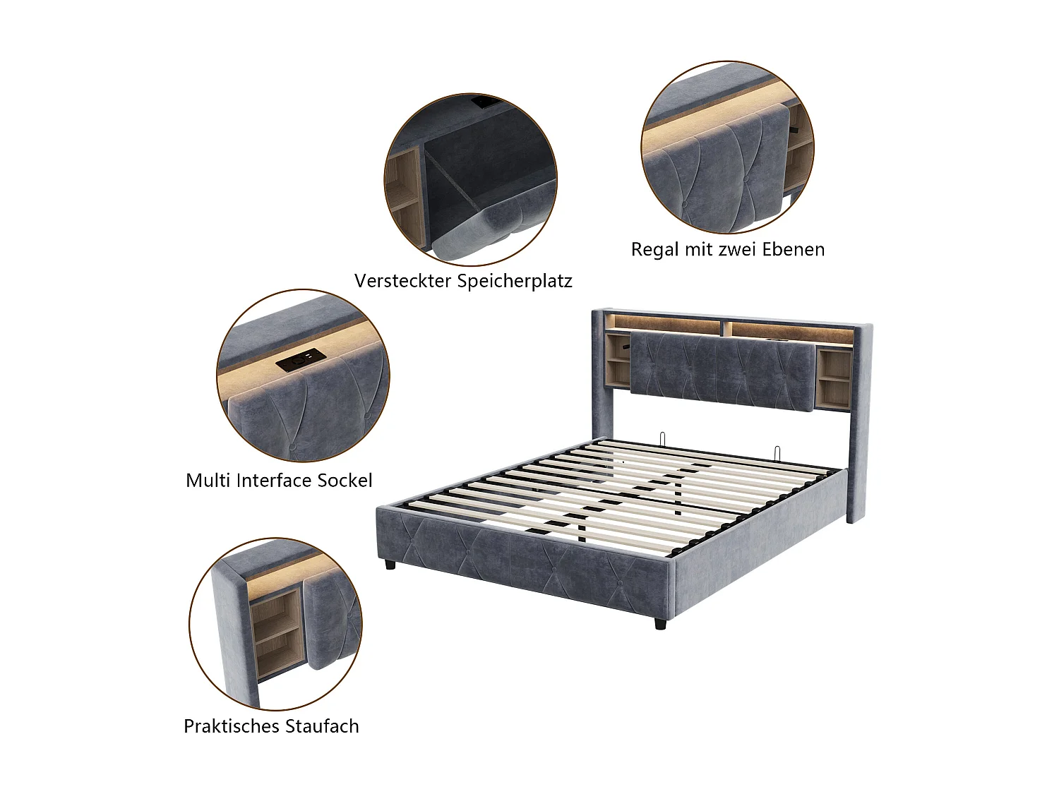 Lit coffre 140x200 cm avec éclairage LED et interface USB - compartiment de rangement hydraulique - velours - gris