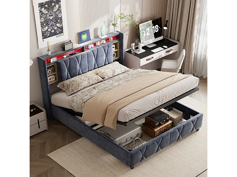 Lit coffre 140x200 cm avec éclairage LED et interface USB - compartiment de rangement hydraulique - velours - gris