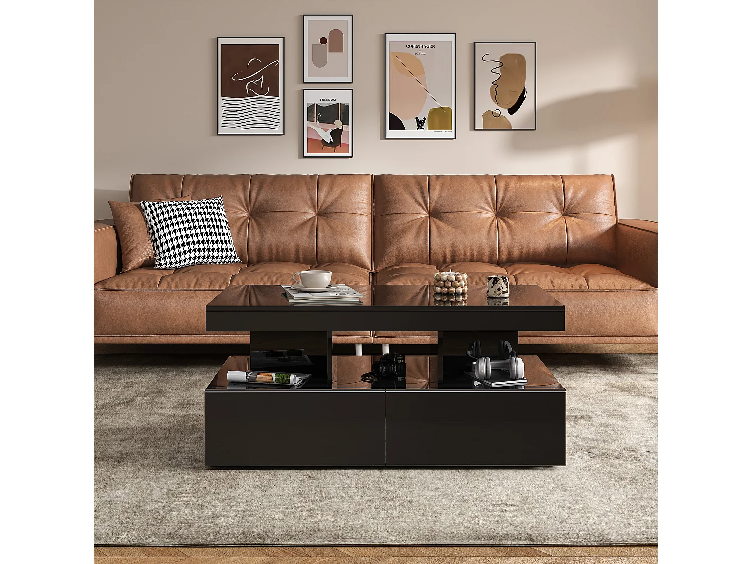 Table basse avec éclairage LED - table de salon avec 2 tiroirs de rangement et une étagère ouverte - 104×53×46 cm