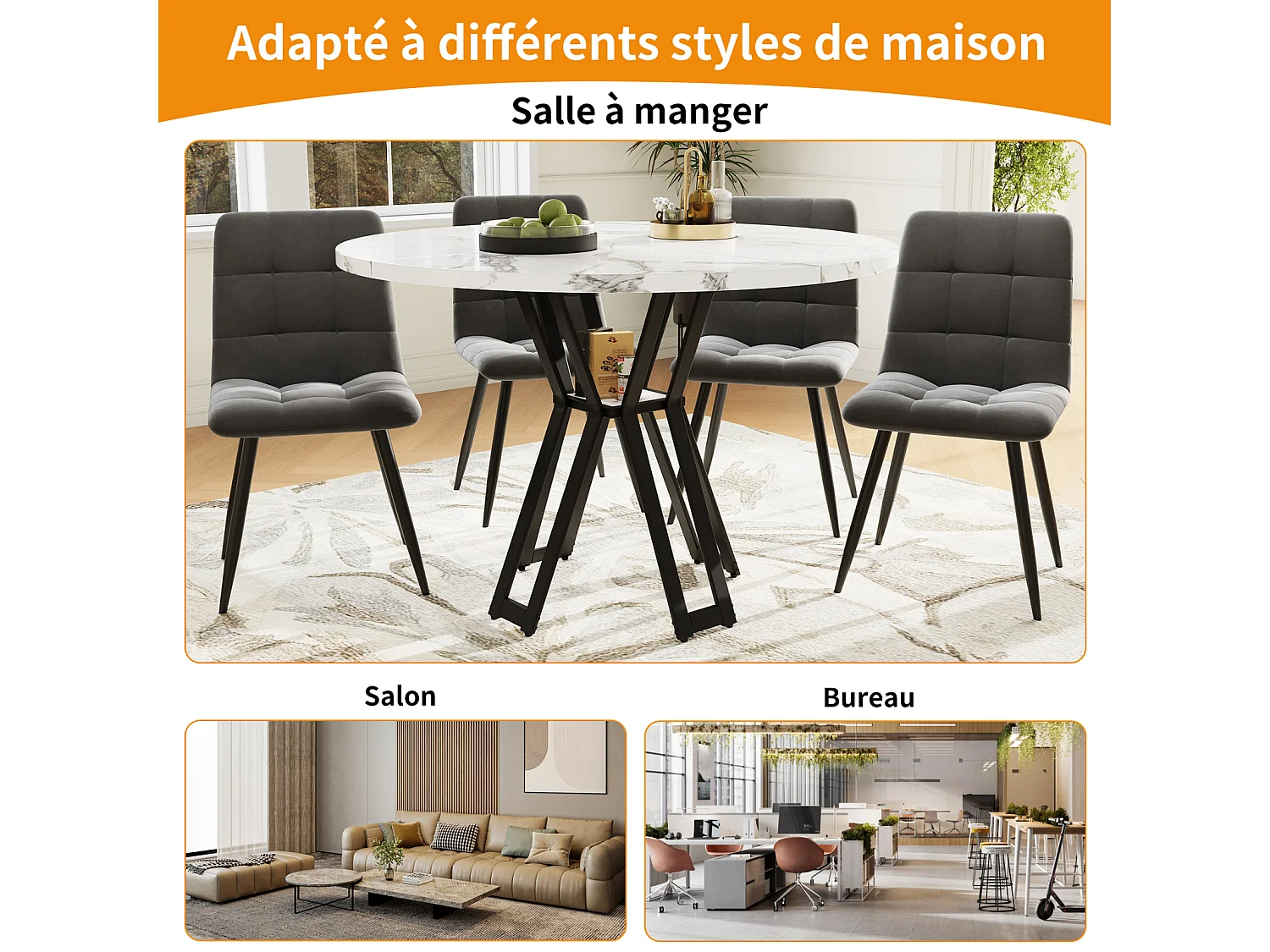 Table de salle à manger ronde - 4 à 6 couverts - plateau en MDF imitation marbre - 100 x 100 x 76 cm - noir