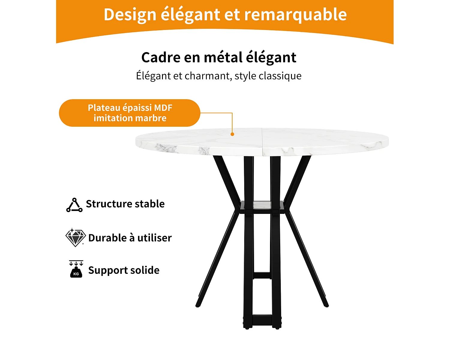 Table de salle à manger ronde - 4 à 6 couverts - plateau en MDF imitation marbre - 100 x 100 x 76 cm - noir