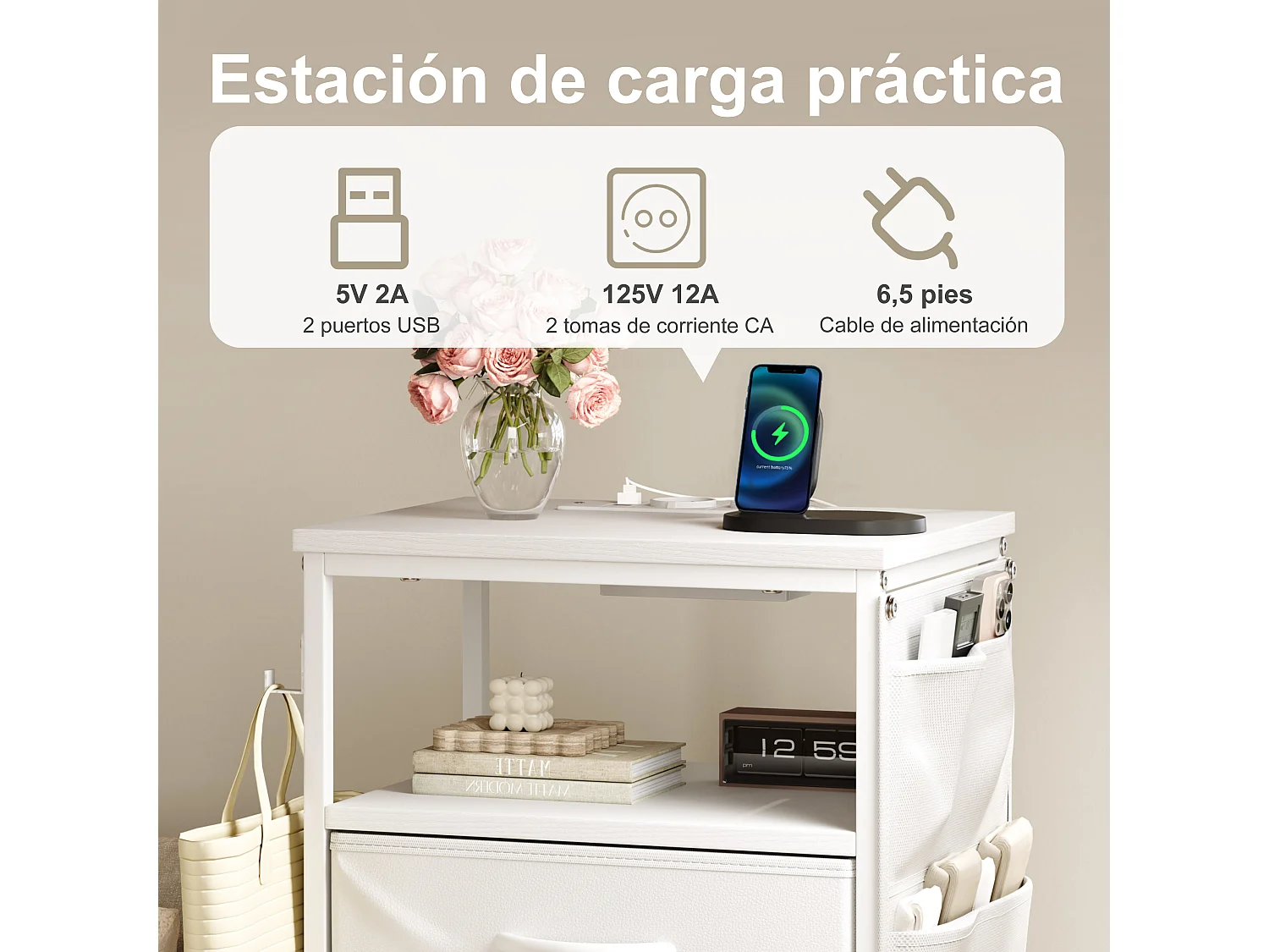 Commode à 4 tiroirs en tissu et 4 poches latérales - table de chevet avec port USB et éclairage LED - meuble à tiroirs avec 2 crochets - blanc