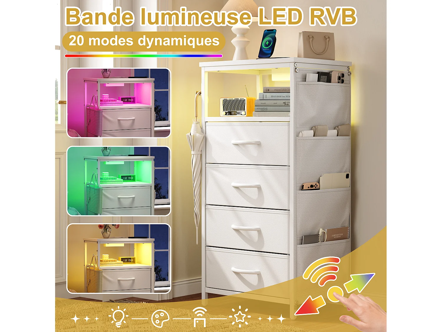 Commode à 4 tiroirs en tissu et 4 poches latérales - table de chevet avec port USB et éclairage LED - meuble à tiroirs avec 2 crochets - blanc