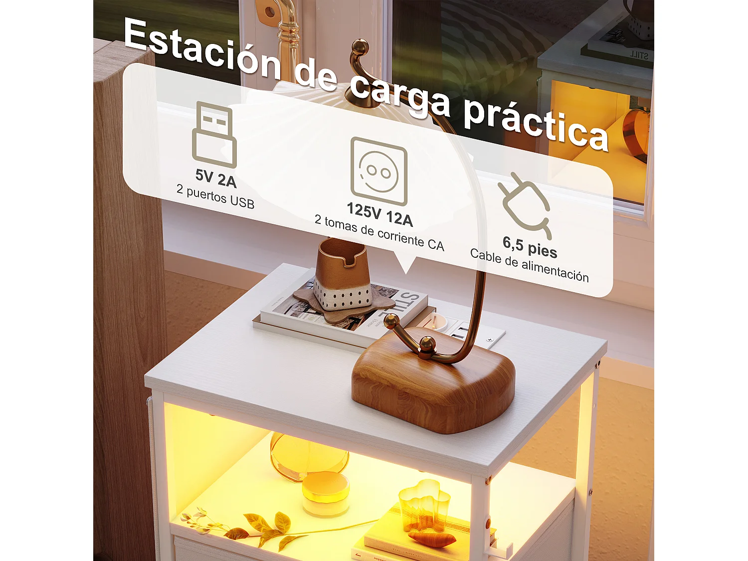 Commode à 4 tiroirs en tissu et 4 poches latérales - table de chevet avec port USB et éclairage LED - meuble à tiroirs avec 2 crochets - blanc