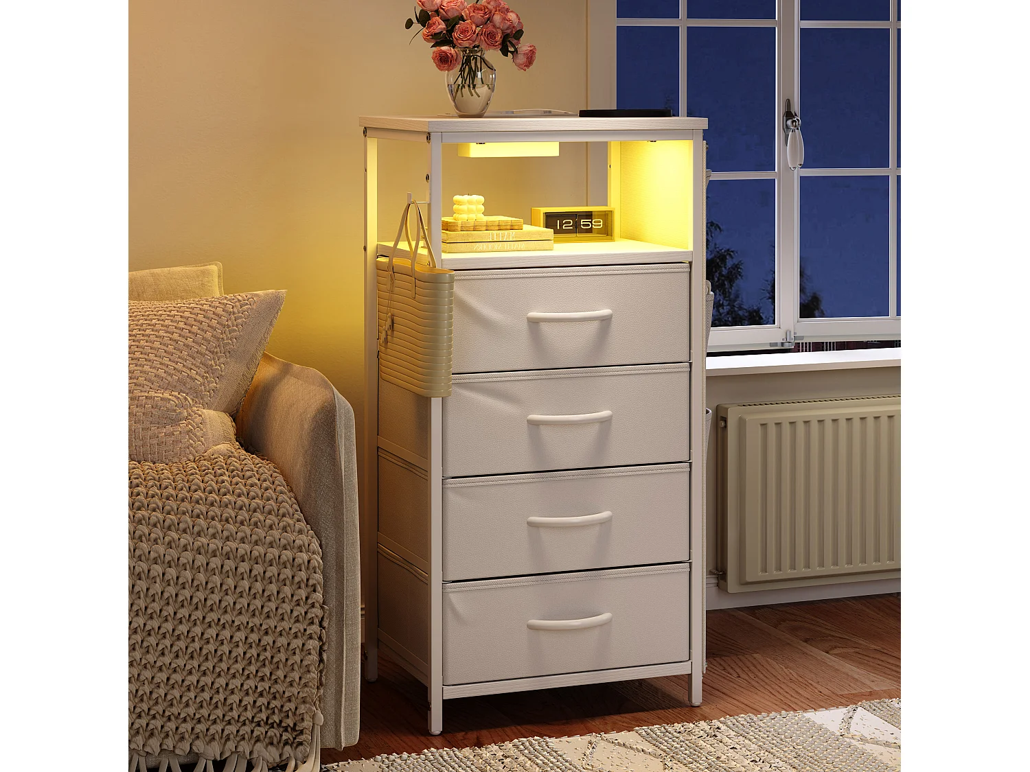 Commode à 4 tiroirs en tissu et 4 poches latérales - table de chevet avec port USB et éclairage LED - meuble à tiroirs avec 2 crochets - blanc