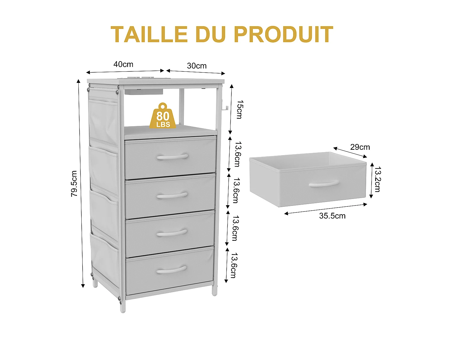 Commode à 4 tiroirs en tissu et 4 poches latérales - table de chevet avec port USB et éclairage LED - meuble à tiroirs avec 2 crochets - blanc