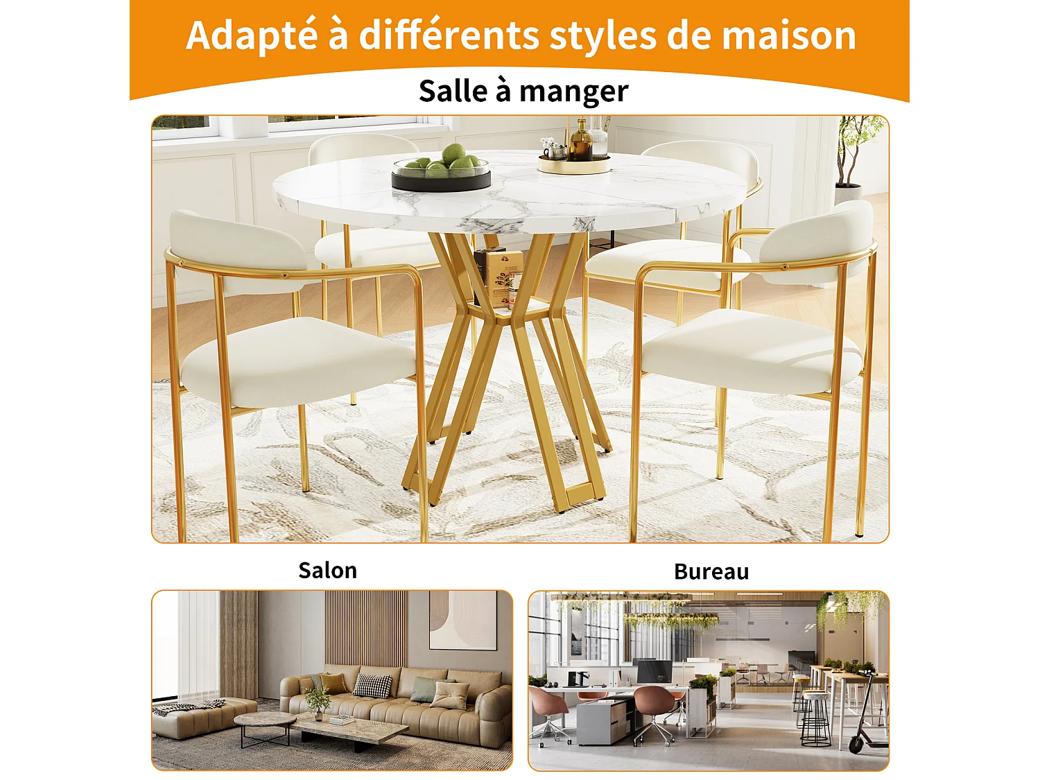 Table de salle à manger ronde - 4 à 6 couverts - plateau en MDF imitation marbre - 100 x 100 x 76 cm - or