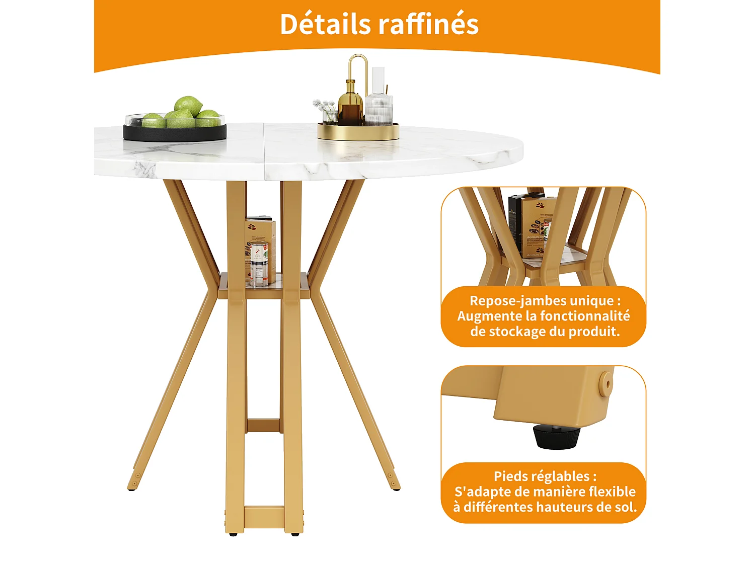 Table de salle à manger ronde - 4 à 6 couverts - plateau en MDF imitation marbre - 100 x 100 x 76 cm - or