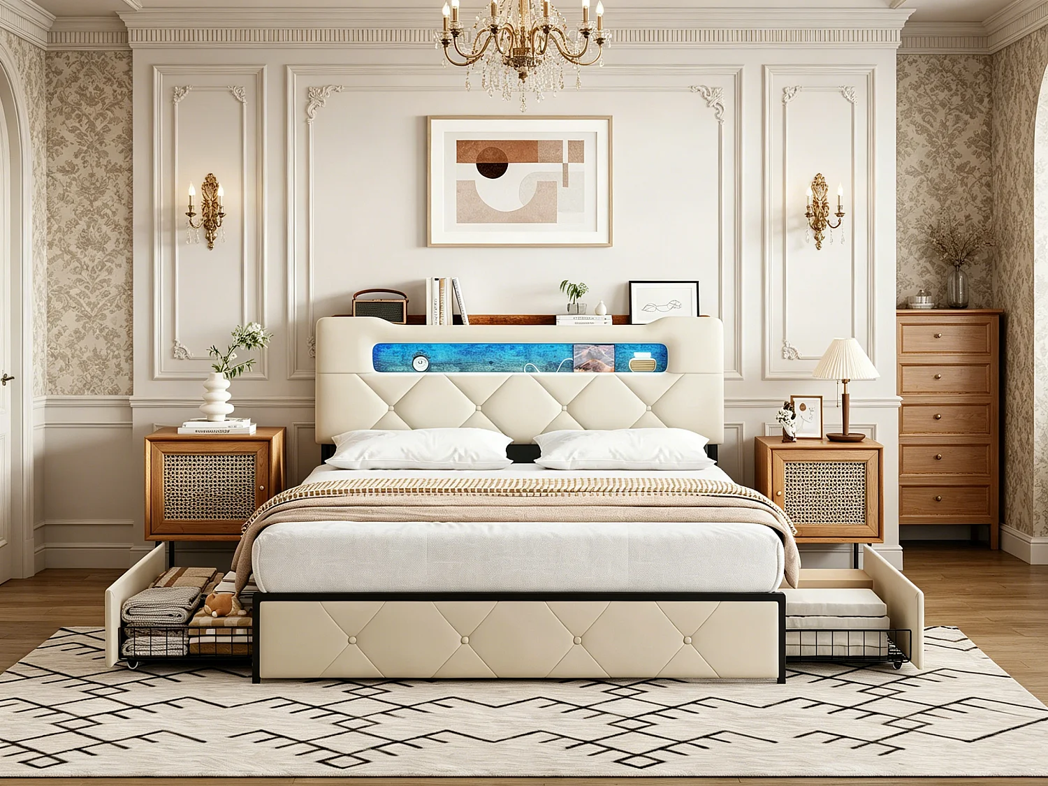 Tweepersoonsbed 160x200 cm - bed met ledverlichting en USB-poort - opbergbed met 4 lades - fluweel - beige