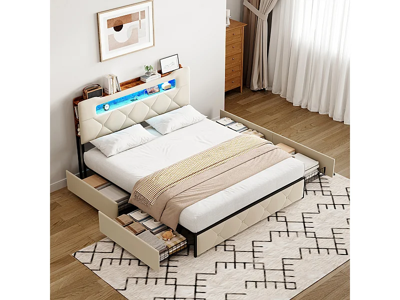Lit double 160x200 cm - lit avec éclairage LED et port USB - lit coffre avec 4 tiroirs - velours - beige
