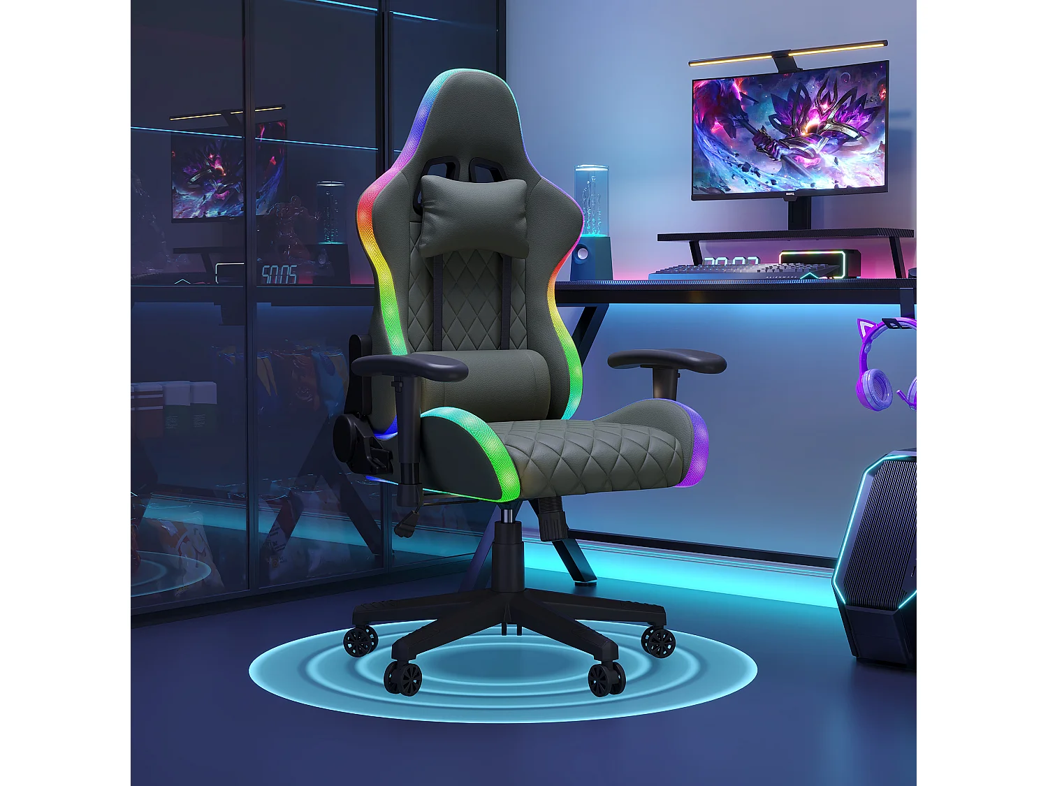 Chaise de jeu avec éclairage LED - accoudoirs 2D et dossier réglable - Chaise de bureau - Noir