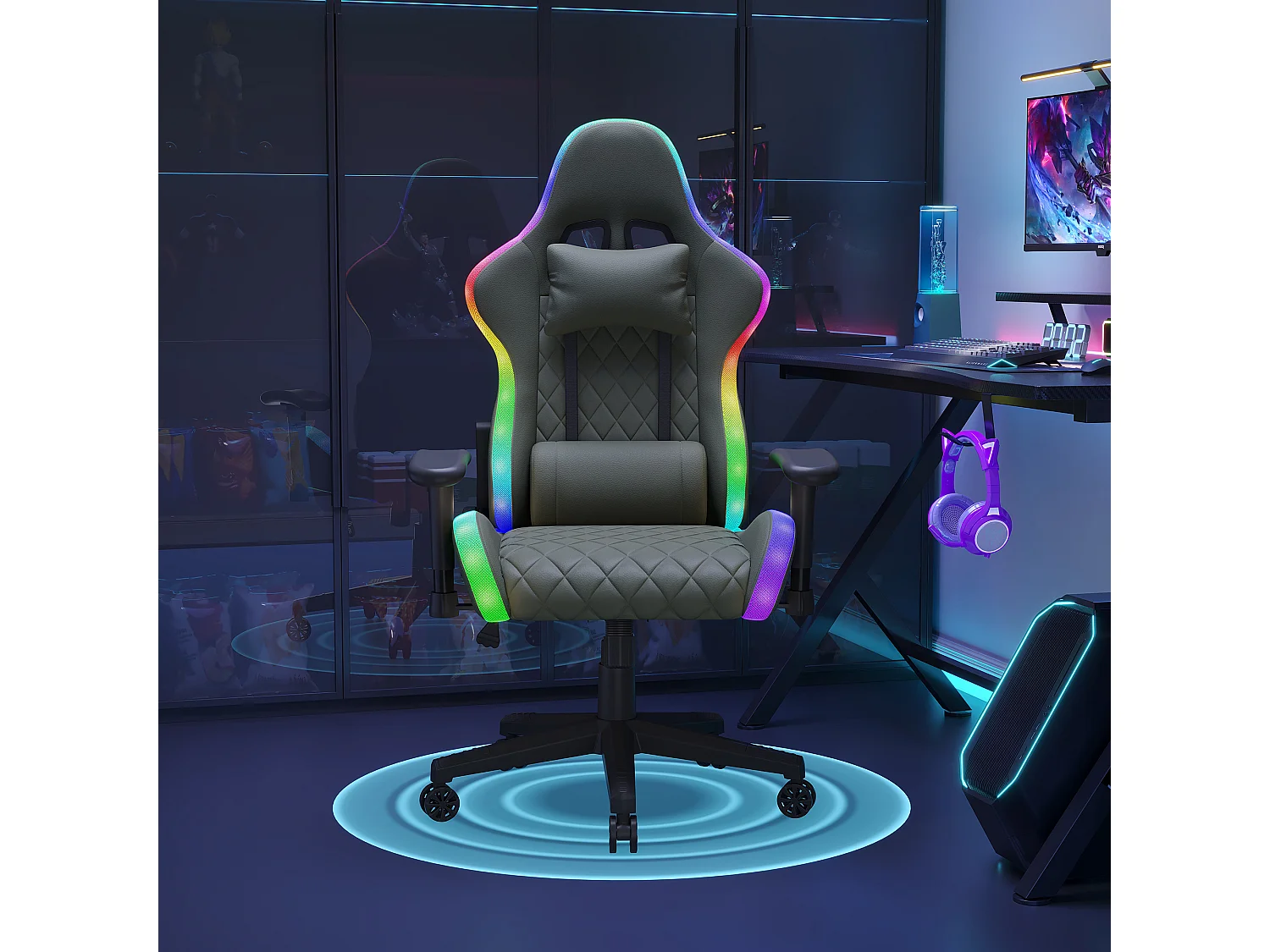 Chaise de jeu avec éclairage LED - accoudoirs 2D et dossier réglable - Chaise de bureau - Noir