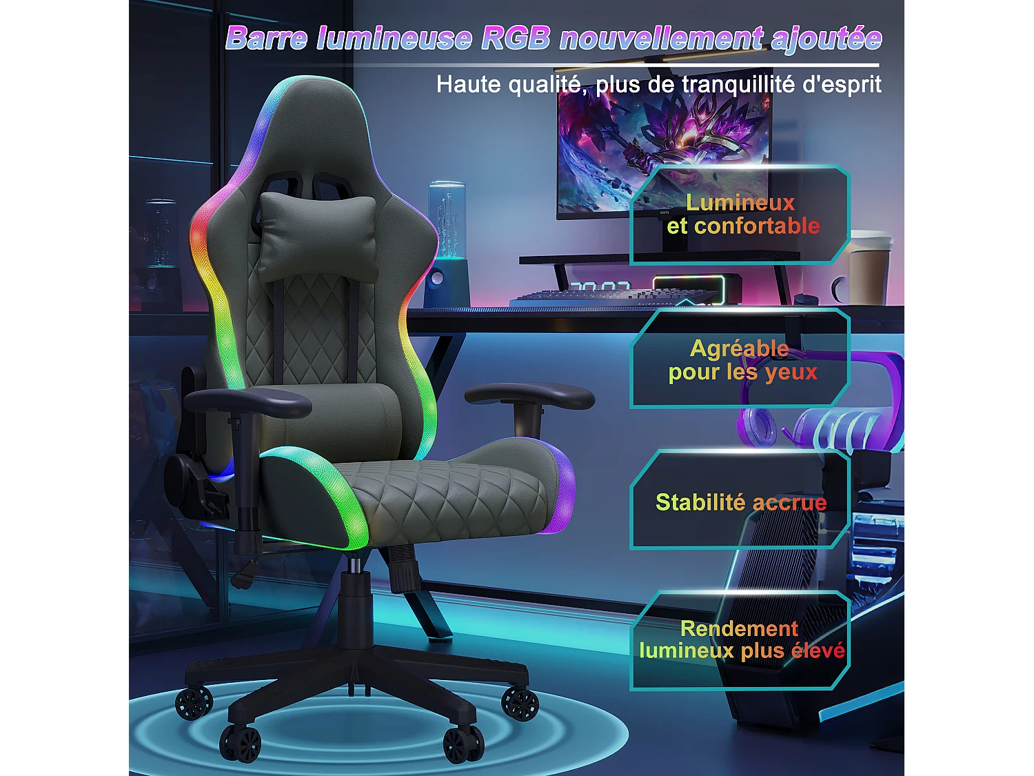 Chaise de jeu avec éclairage LED - accoudoirs 2D et dossier réglable - Chaise de bureau - Noir