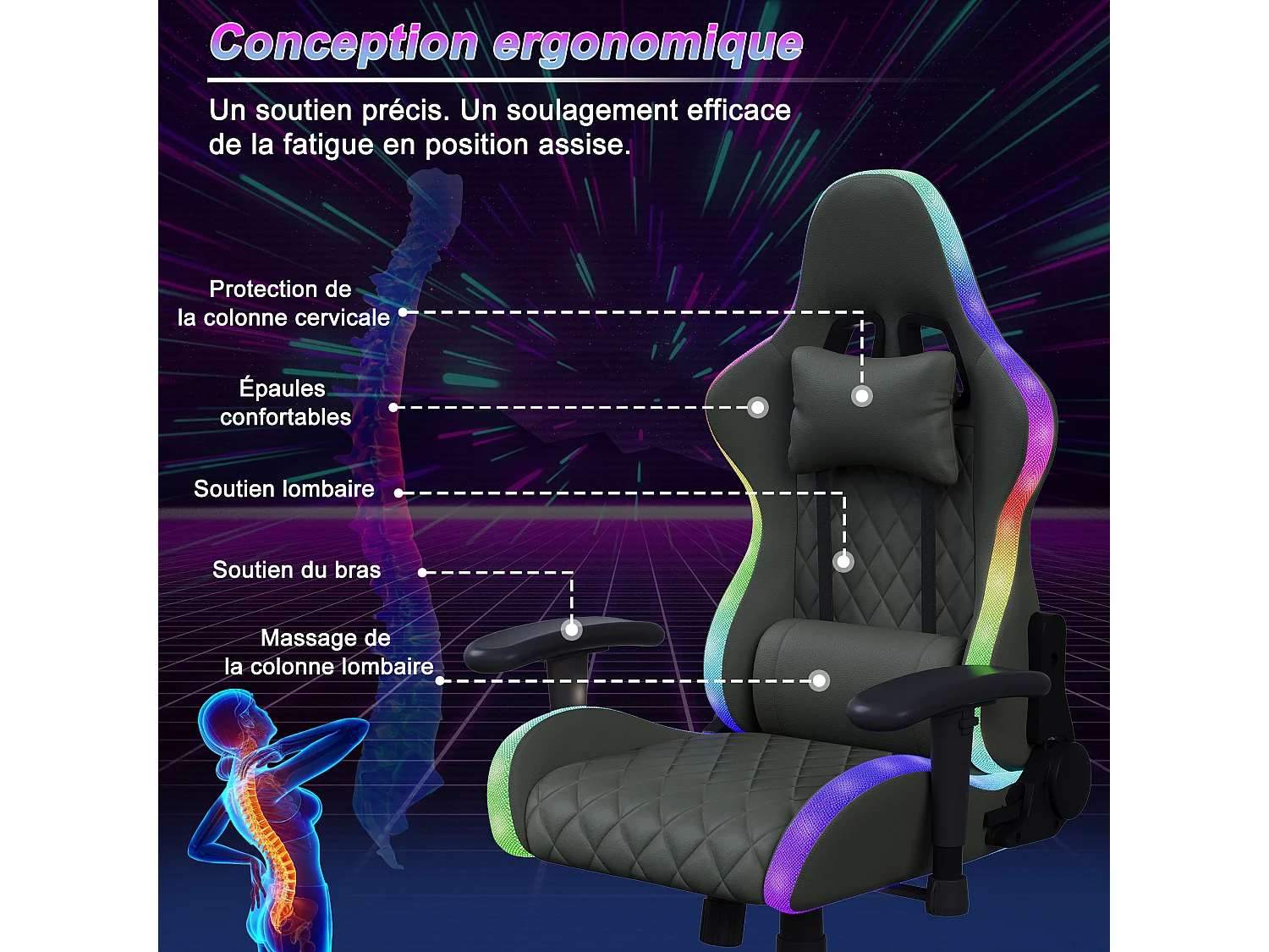 Chaise de jeu avec éclairage LED - accoudoirs 2D et dossier réglable - Chaise de bureau - Noir