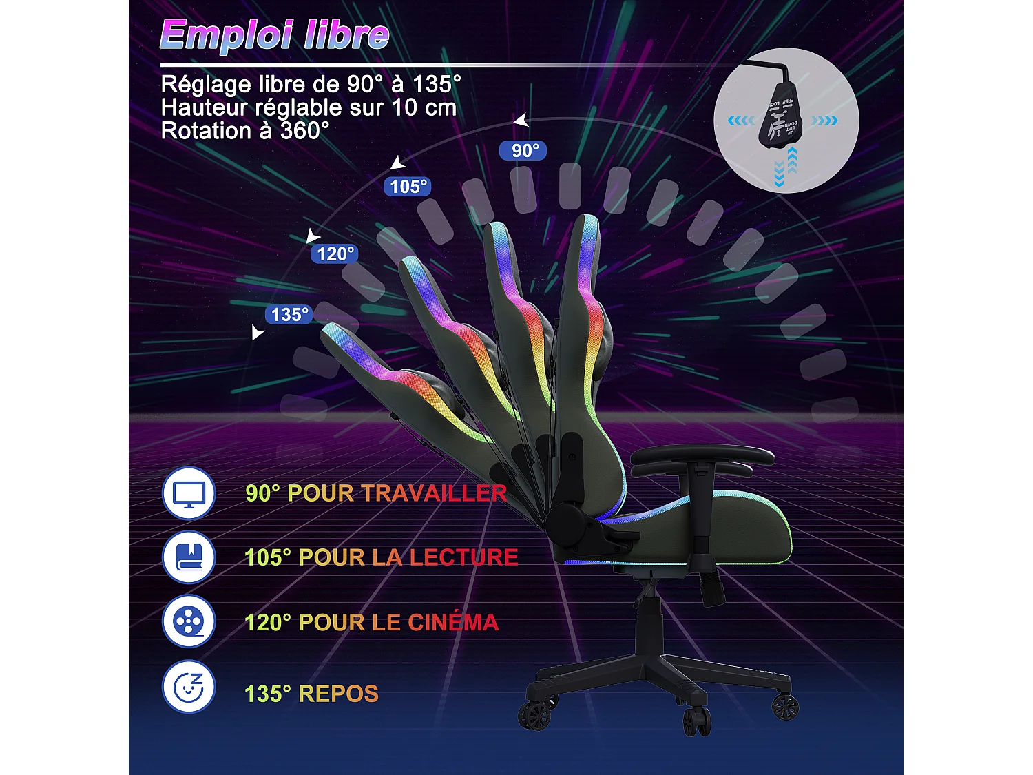 Chaise de jeu avec éclairage LED - accoudoirs 2D et dossier réglable - Chaise de bureau - Noir