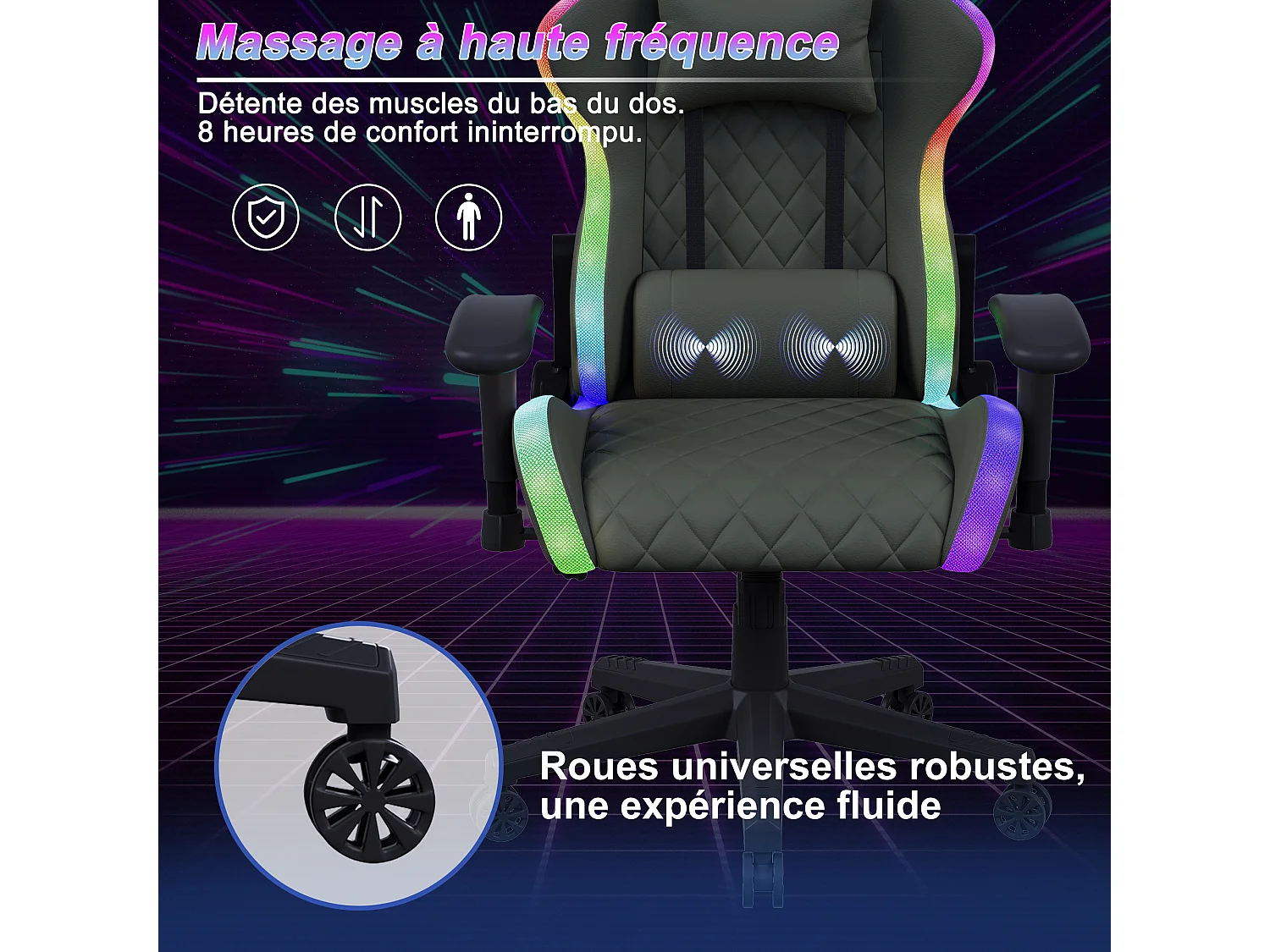 Chaise de jeu avec éclairage LED - accoudoirs 2D et dossier réglable - Chaise de bureau - Noir