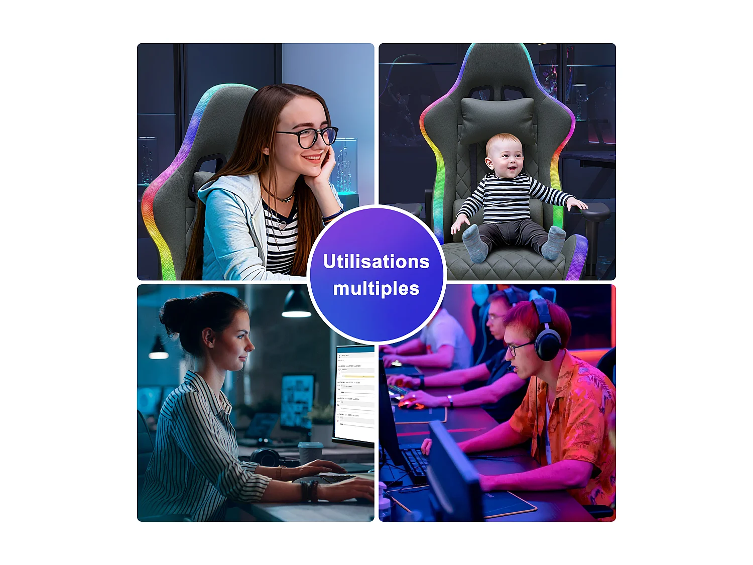 Chaise de jeu avec éclairage LED - accoudoirs 2D et dossier réglable - Chaise de bureau - Noir