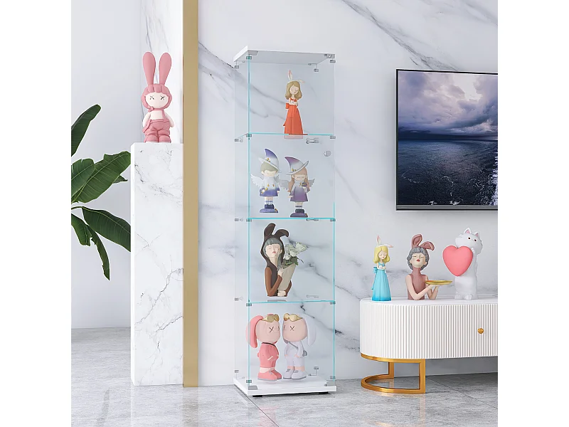 Vitrine - Vitrine en verre 4 étagères avec porte - Armoire de rangement de sol en verre avec serrure - Blanc