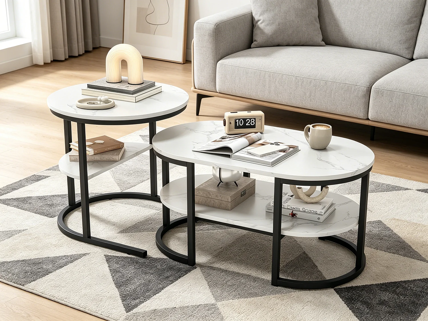 Ensemble de 2 tables basses rondes gigognes - table d'appoint - table de salon - table d'appoint avec étagère