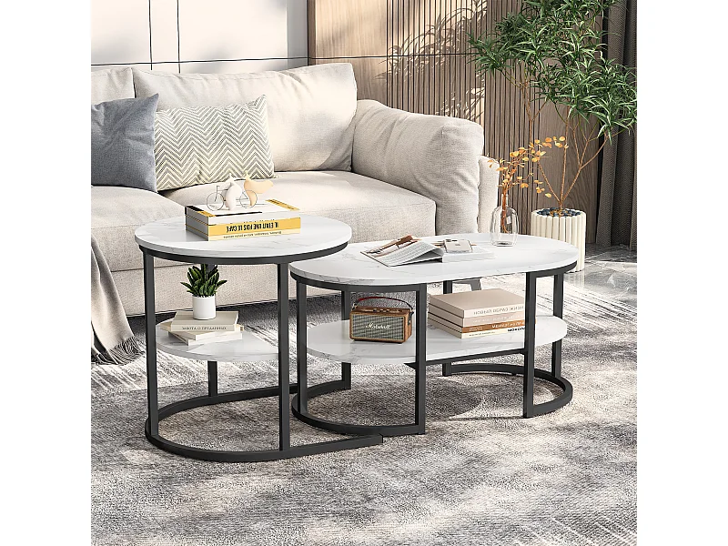 Ensemble de 2 tables basses rondes gigognes - table d'appoint - table de salon - table d'appoint avec étagère