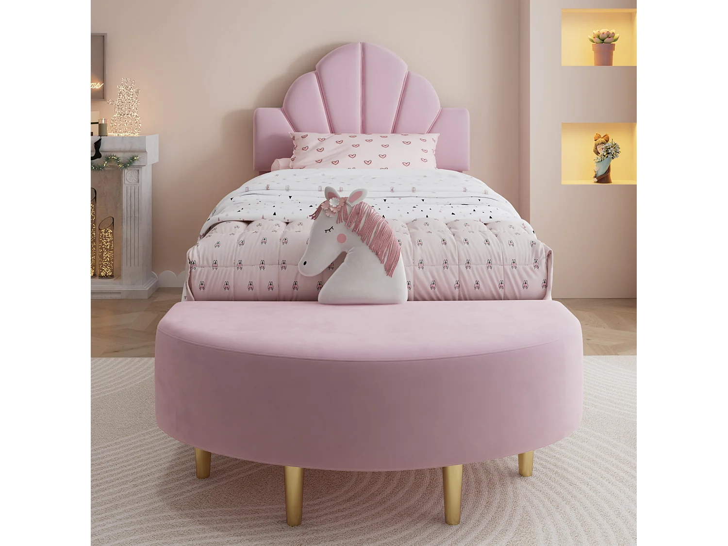 Lit simple 90x200 cm - livré avec repose-pieds et sommier à lattes assortis - velours - rose