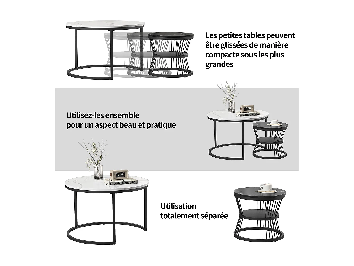 Ensemble de 2 tables basses rondes pour salon, table d'appoint, tables gigognes, aspect marbre, blanc
