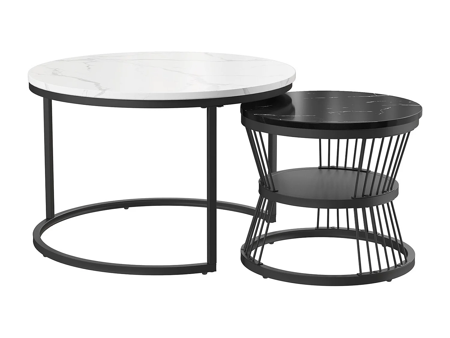 Ensemble de 2 tables basses rondes pour salon, table d'appoint, tables gigognes, aspect marbre, blanc