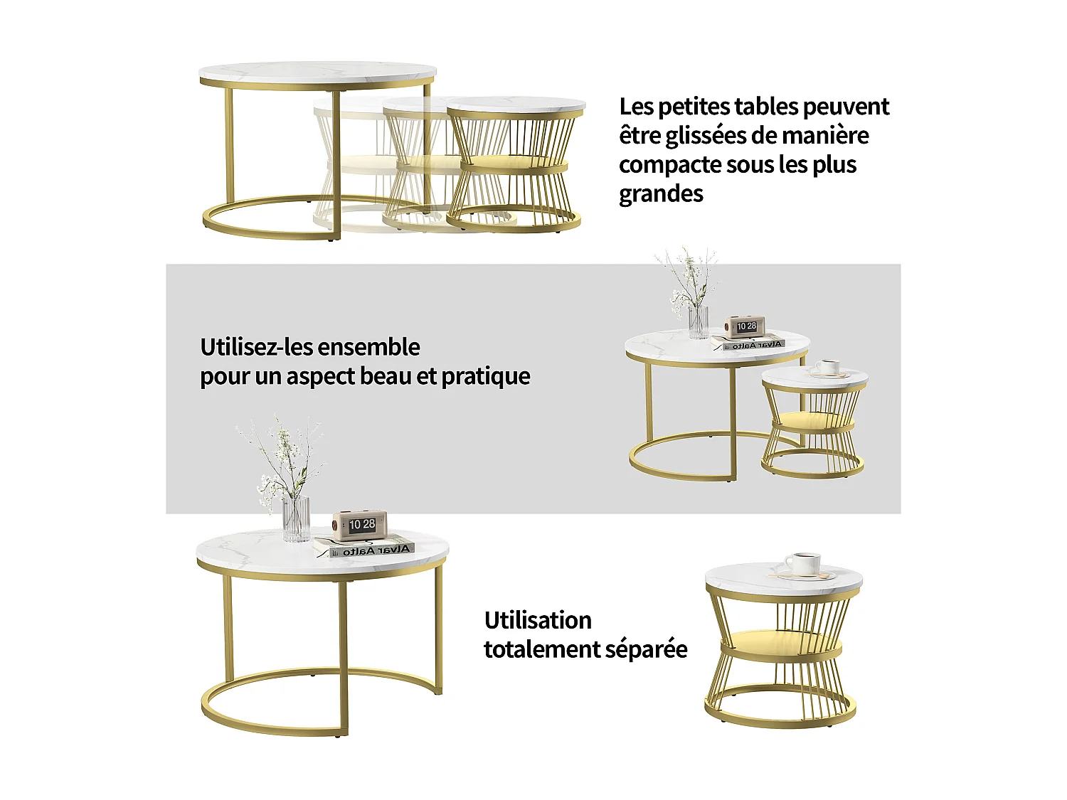 Ensemble de 2 tables basses rondes pour salon, table d'appoint, tables gigognes, aspect marbre, or