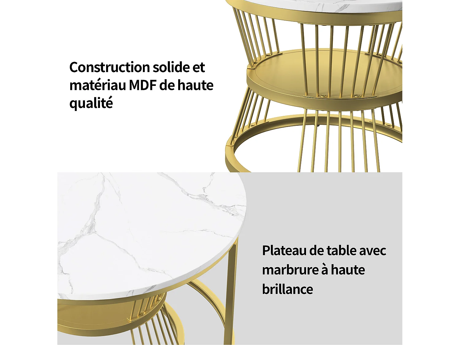 Ensemble de 2 tables basses rondes pour salon, table d'appoint, tables gigognes, aspect marbre, or