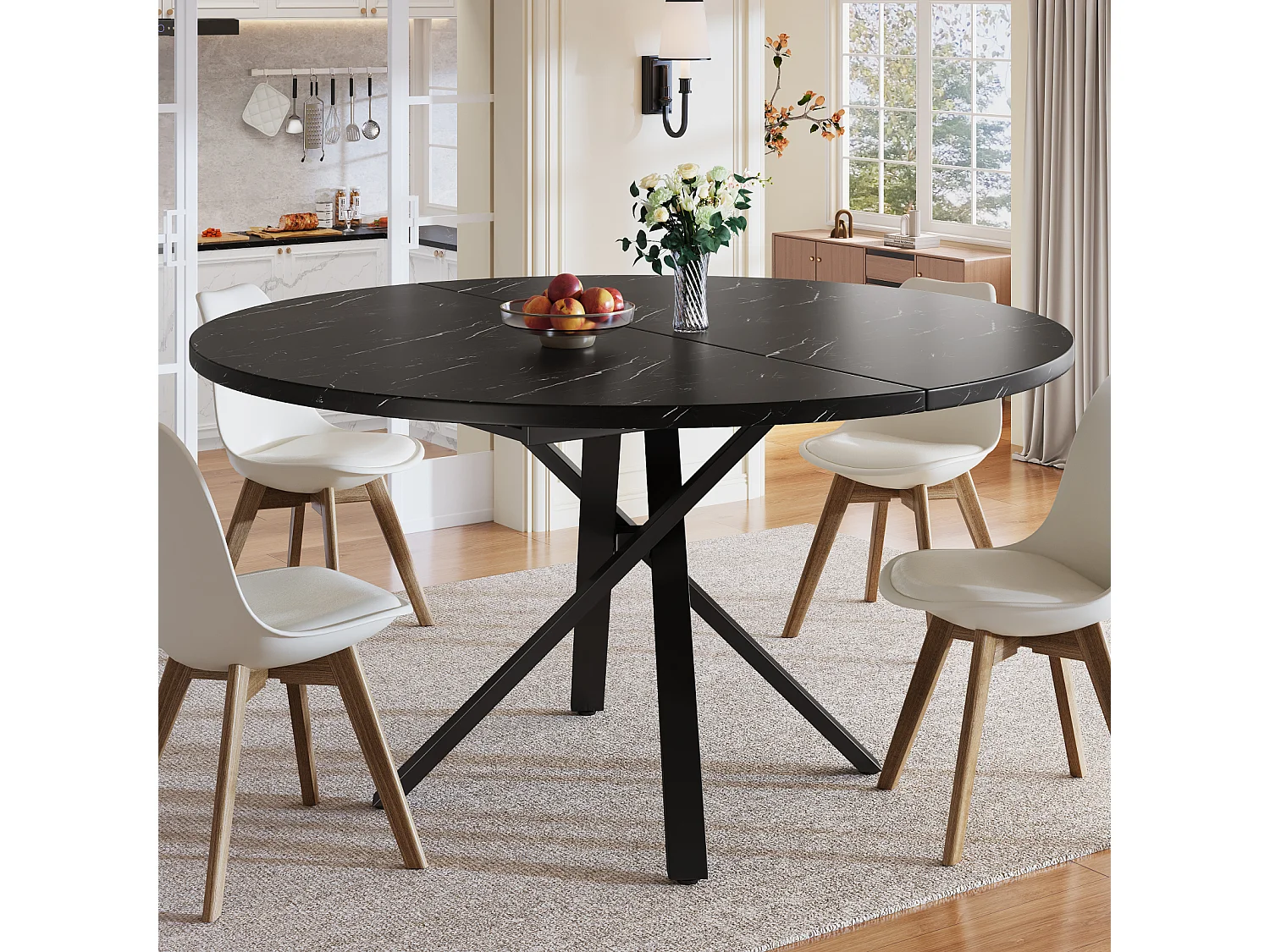 Table de salle à manger extensible - 100 x 75,5-140 x 75,5 cm - texture marbre - avec un cadre métallique noir robuste en forme de X