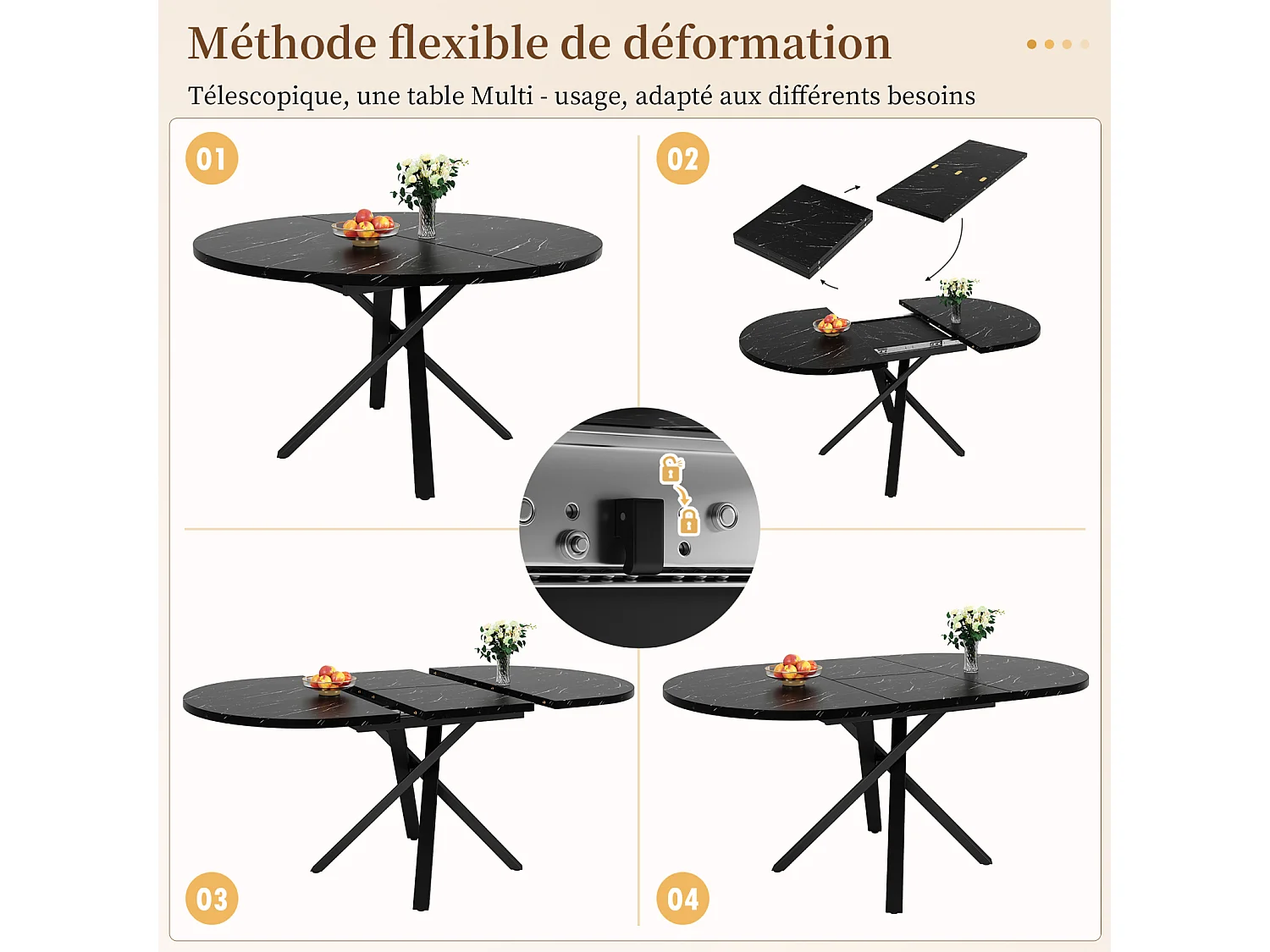 Table de salle à manger extensible - 100 x 75,5-140 x 75,5 cm - texture marbre - avec un cadre métallique noir robuste en forme de X