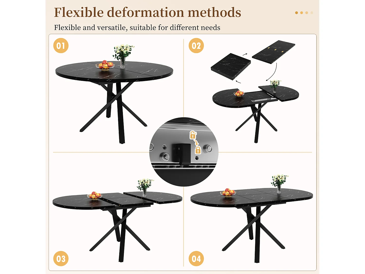 Table de salle à manger extensible - 100 x 75,5-140 x 75,5 cm - texture marbre - avec un cadre métallique noir robuste en forme de X