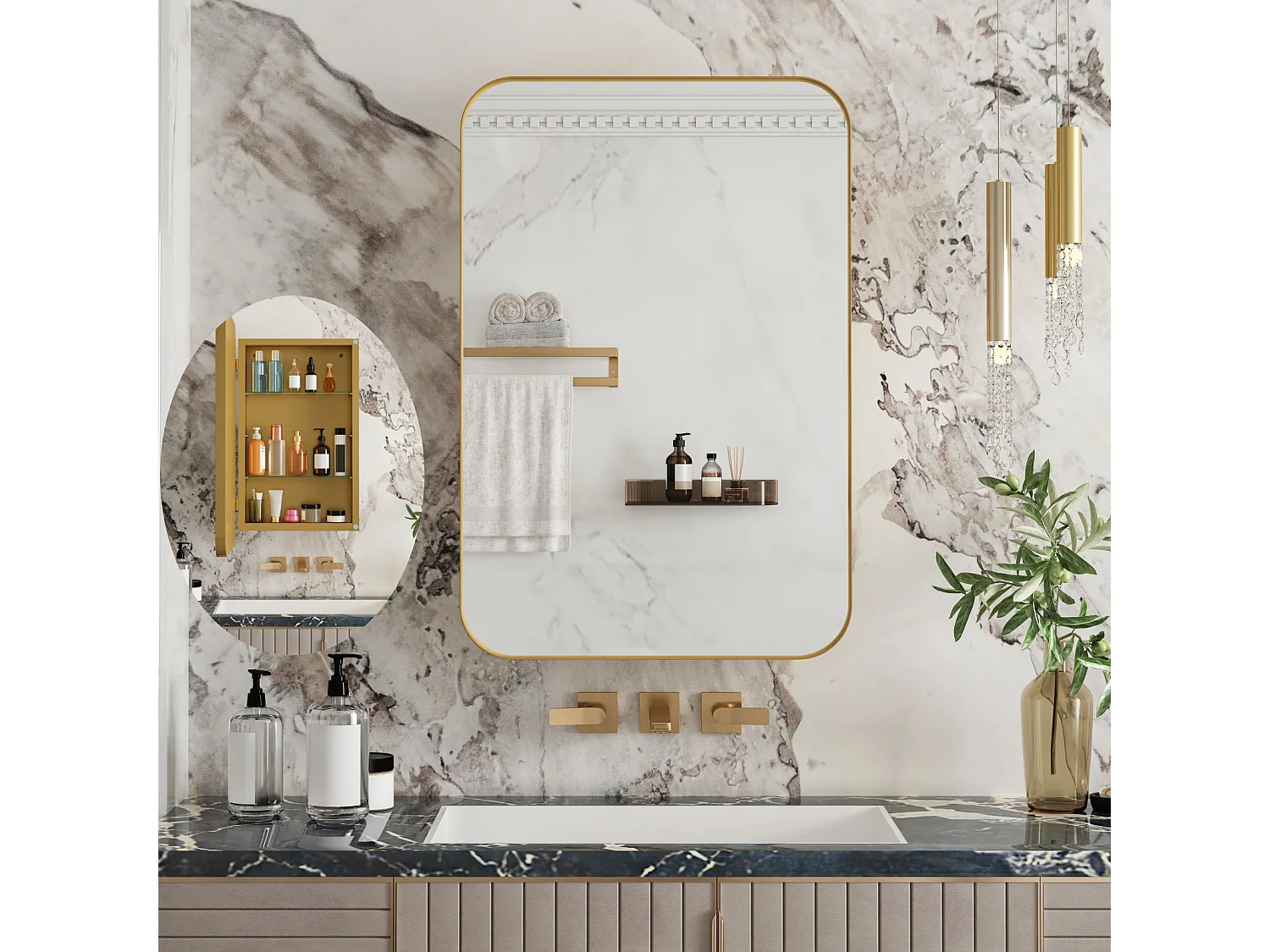 Miroir de salle de bain - armoire de rangement avec miroir - étagère réglable - 76 x 51 cm - or